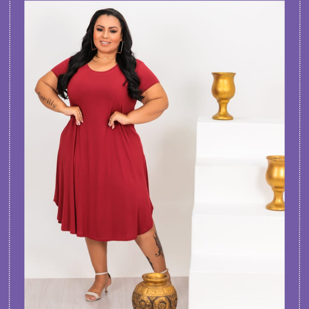VESTIDO MIDI PLUS SIZE COM MANGUINHA em Oferta na Shopee