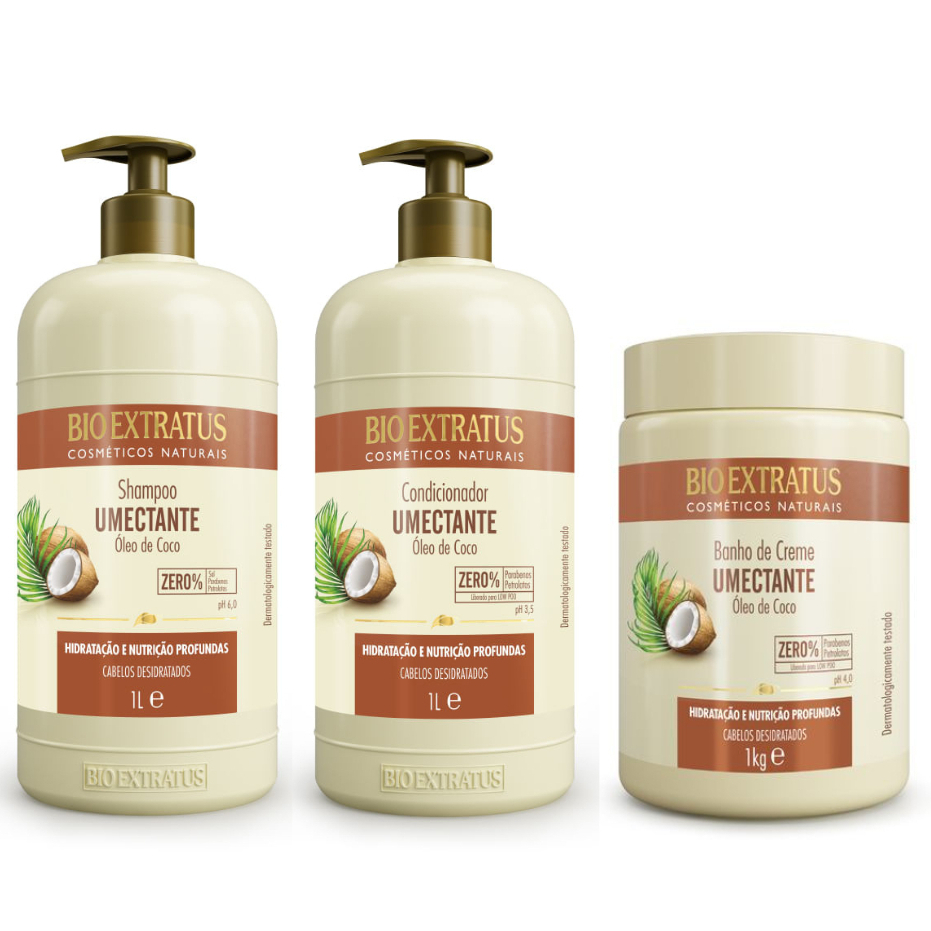 Kit Shampoo, Condicionador e Banho de Creme Umectante Coco - 1L Bio Extratus Óleo de Coco