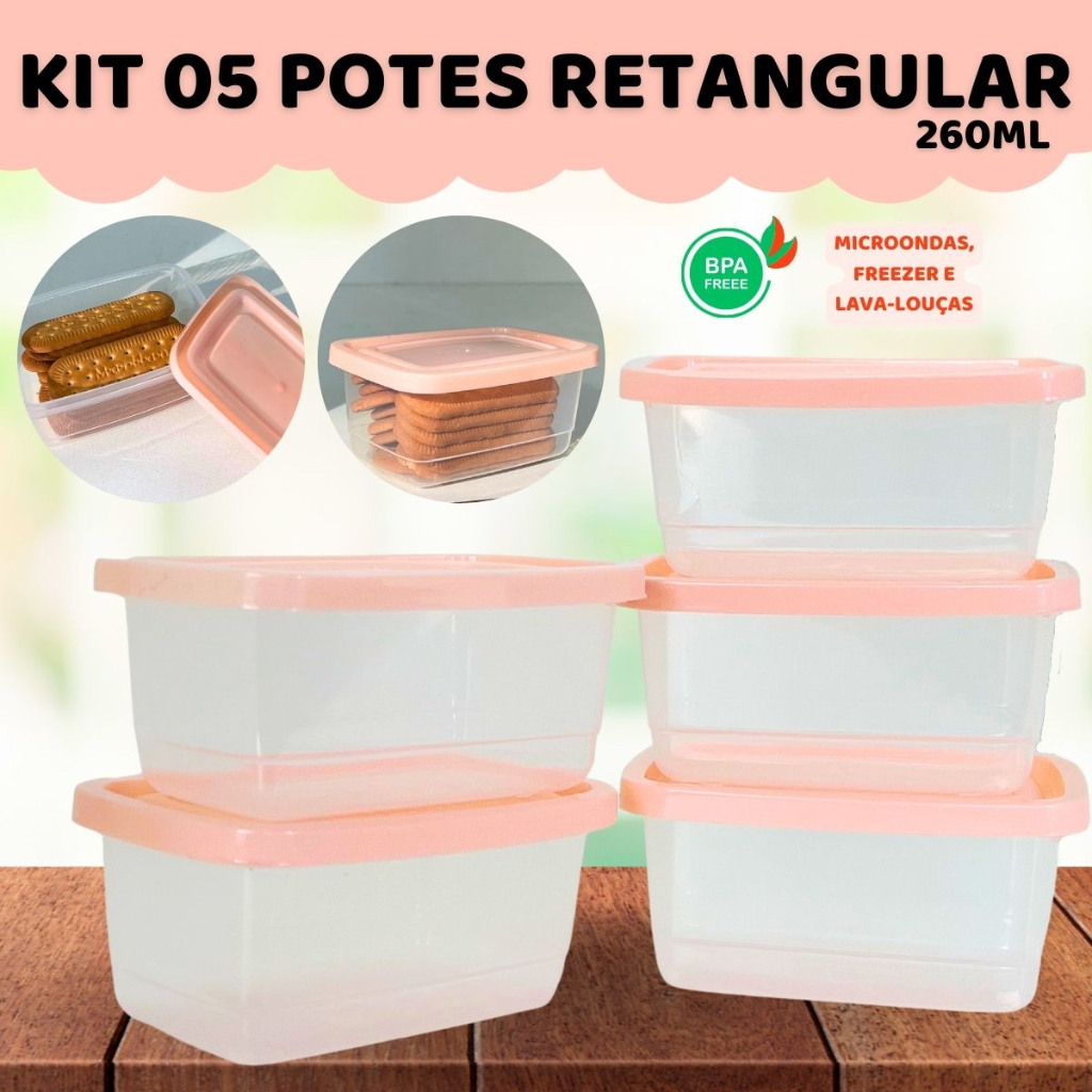 Kit 5 Peças Vasilhas Plástica 260mL Conjunto de Pote Retangular Transparente Com Tampa Cores Sortidas Marmita Vasilha Plástica Porta fruta Marmitinha Salada Potinho Lanche Snack