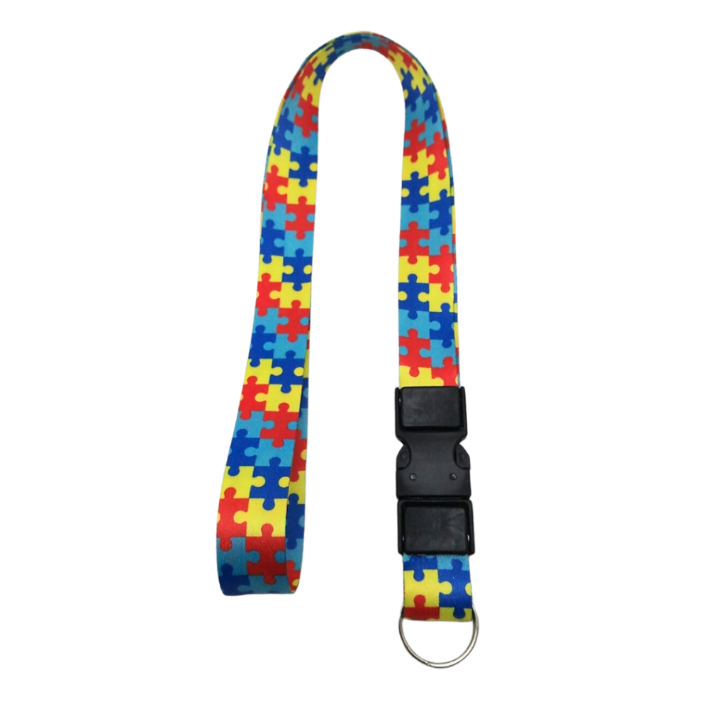 Cordão Pescoço Fecho Engate Rápido Crachá Autista Autismo Quebra Cabeça Vermelho