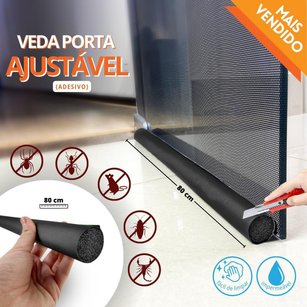 Veda Porta Adesivo Rodo de Porta Impermeável Ajustável 80 cm Preto