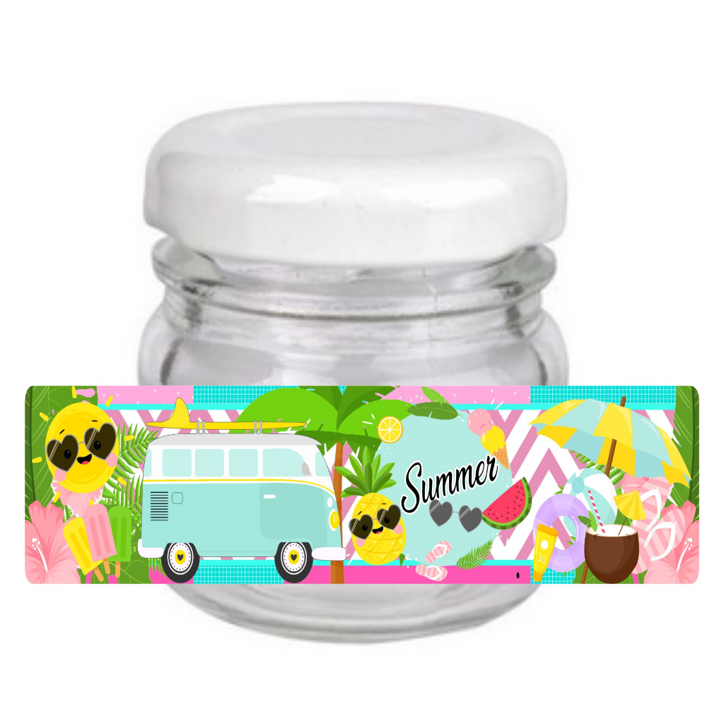 10 Adesivos Rótulo para Potinho 40ml Tropical Summer - Decoração Festa Aniversário, Lembrancinhas tema Praia, Tropical, Festa na Piscina, Pool Party, Frutas, tema Hawai, Tema Praiano.