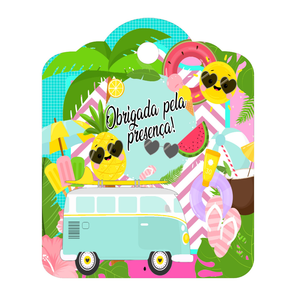 10 Tags de Agradecimento para Lembrancinhas Tropical Summer - Decoração Festa Aniversário tema Praia, Tropical, Festa na Piscina, Pool Party, Frutas, tema Hawai, Tema Praiano.