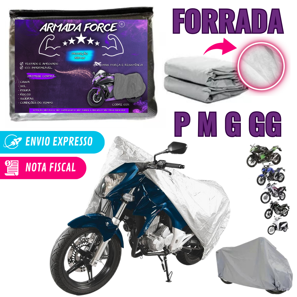 Capa Pra Moto Forrada Impermeável Armada Force Protege Sol Chuva Poeira Com e Sem Forro An...