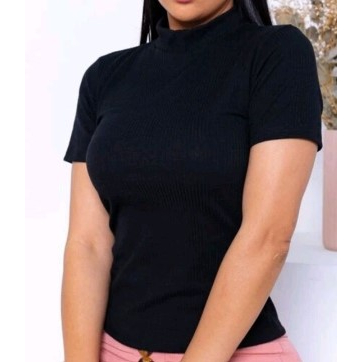 Blusa Feminina Canelada Gola Alta Manga Curta Tamanho Unico - Blusa Golinha com Manga