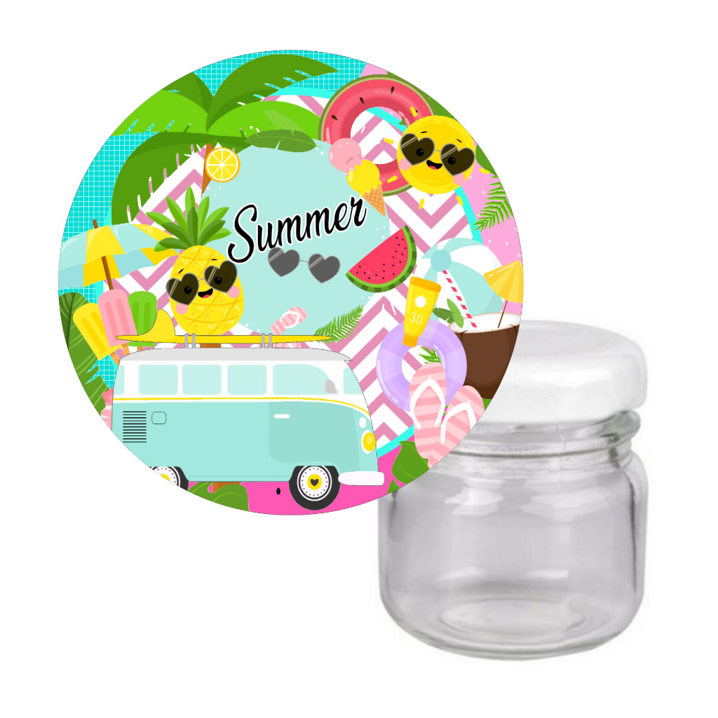 10 Adesivos Tampa para Potinho 40ml Tropical Summer - Decoração Festa Aniversário tema Praia, Tropical, Festa na Piscina, Pool Party, Frutas, tema Hawai, Tema Praiano.