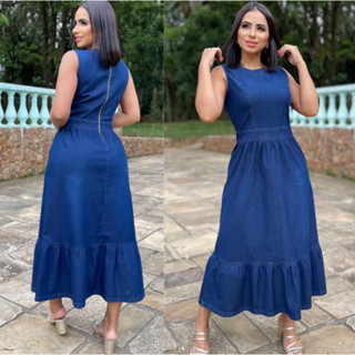 Vestido Jeans Midi Longo Feminino Rodado Soltinho Manga Curta Moda Evangelico