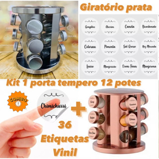 KIT 1 PORTA TEMPERO GIRATÓRIO PRATA COM 12 POTES + 36 ETIQUETAS VINIL TEMPEIRO OFF