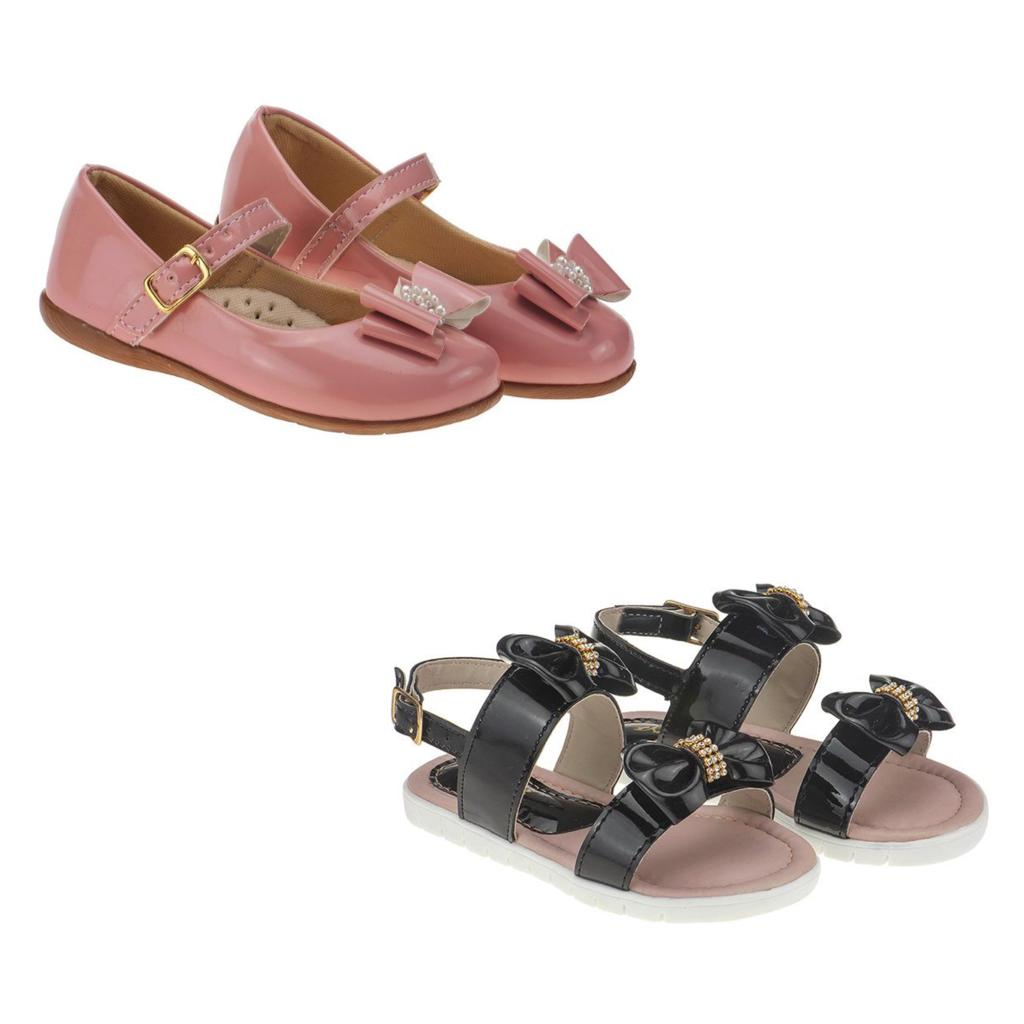 Kit 2 Pares Sapatilha e Sandália Infantil Feminina Menina laço pérola Elegante Confortável Blogueirinha
