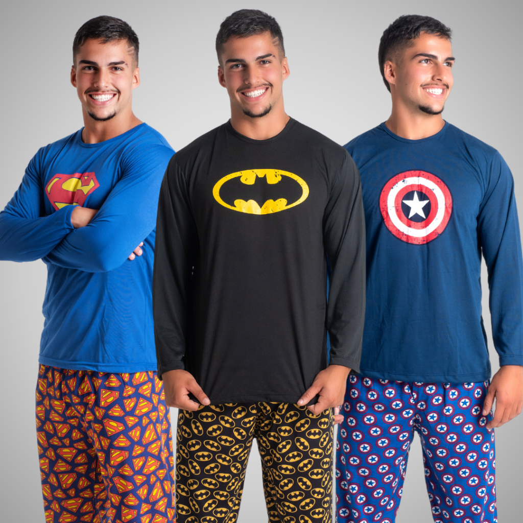 Kit 3 Pijamas Masculino Adulto Super Herói Conjunto Calça Manga Longa Personagem Roupa de Dormir Adolescente 326