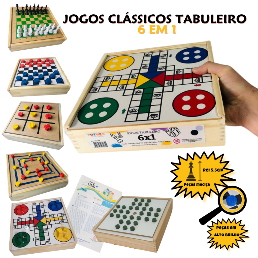 Jogos De Tabuleiro 6x1 em Madeira Xadrez Damas Ludo Trilha Jogo da Velha Resta 1