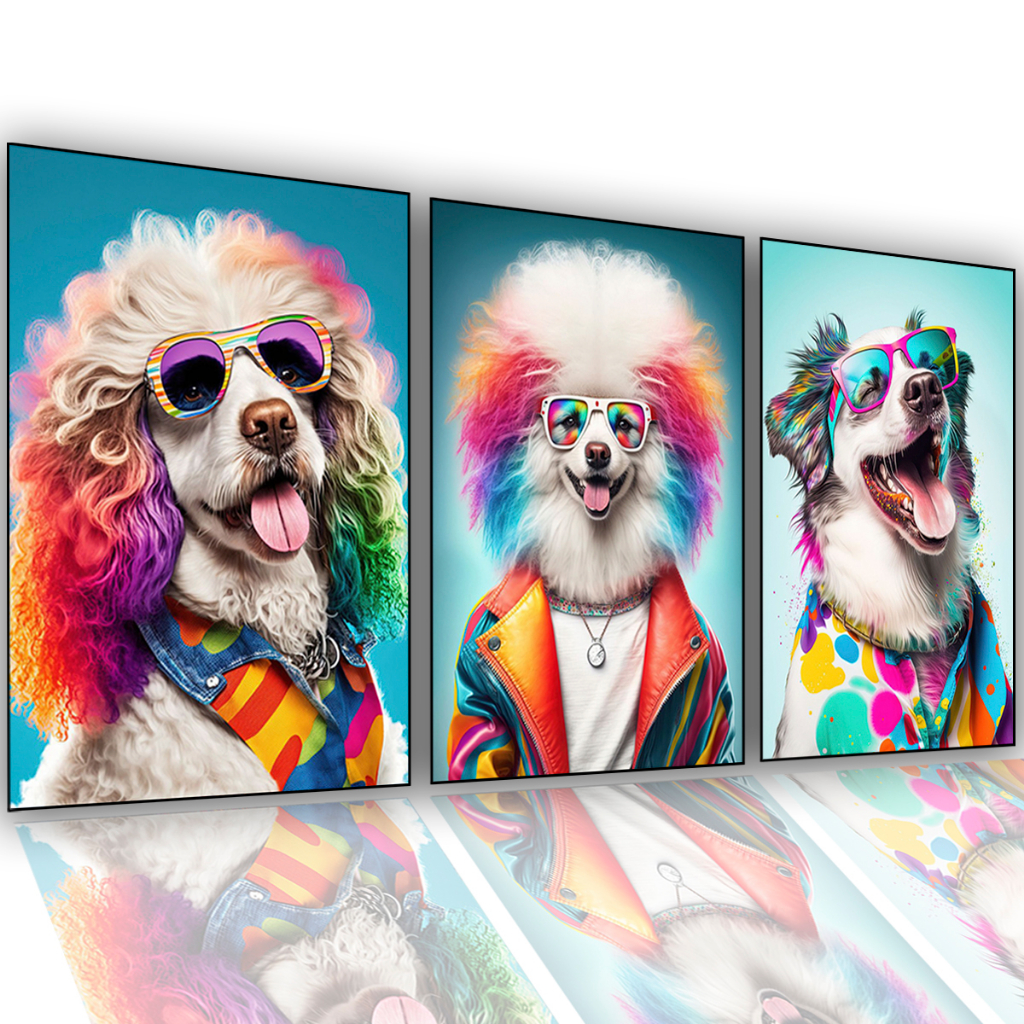 Quadro Decorativo Cachorro Cães Estiloso 3 Peças