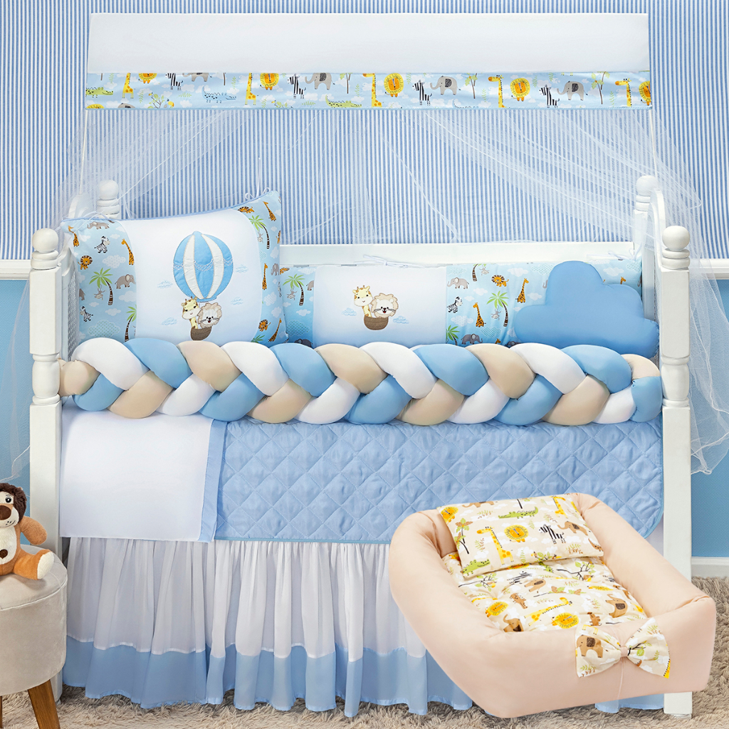 Kit 15 peças Berço + Ninho Protetor Trança Safari Balão Girafa Azul + Ninho Redutor Safari Bege