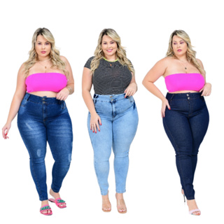 Kit 3 Calças Jeans Feminina Plus Size Cintura Alta Com Lycra em Oferta na Shopee