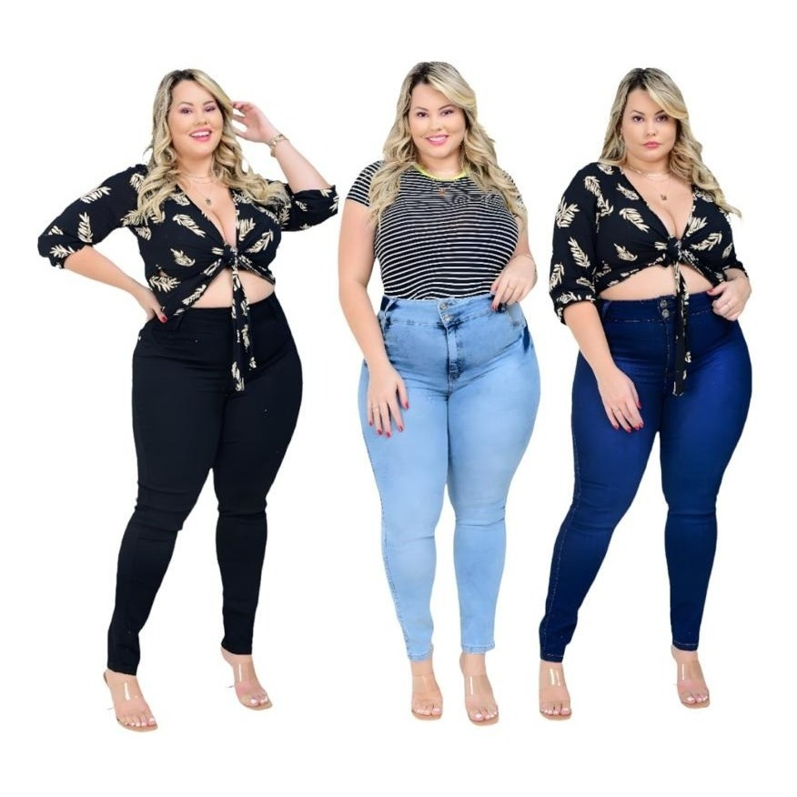 Kit 3 Calças Jeans Femininas Plus Size Cintura Alta C/ Lycra em Oferta na Shopee