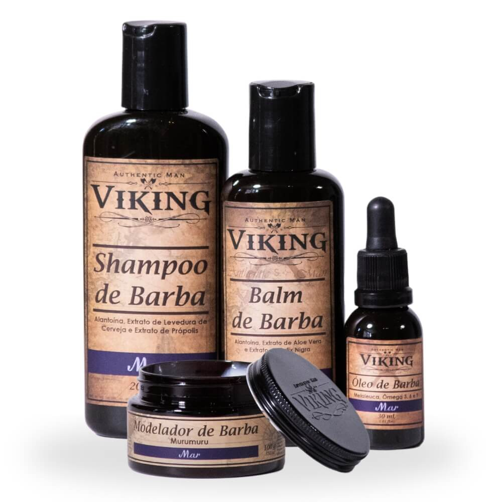 Kit para Barba - Balm + Shampoo +  Óleo + Modelador de Barba Viking Mar