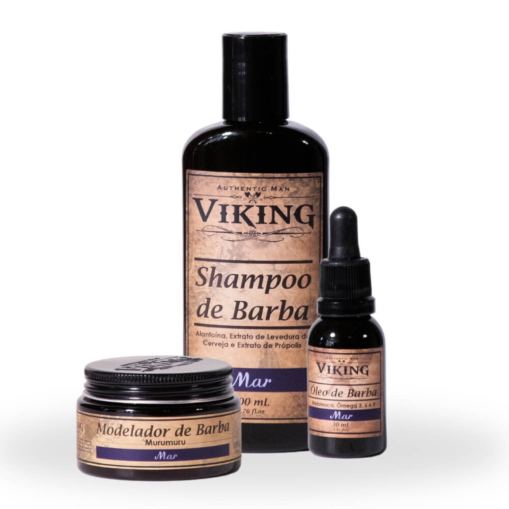 Kit para Barba - Óleo de Barba + Shampoo Barba + Modelador Viking Mar