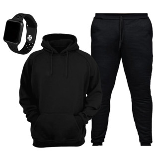 Kit Conjunto Moletom Canguru Bolso Capuz Calça Jogger Relogio Unissex