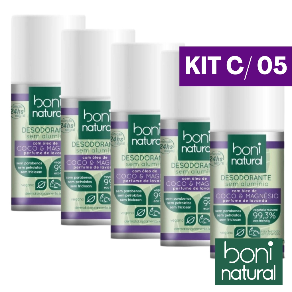 Kit 5 Desodorante Roll On Sem Aluminio Aroma Lavanda Vegetal 55ml Boni Natural