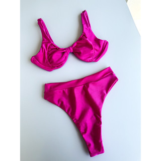 Biquíni Meia Taça Sustentação Babi Com Aro Rosa Com Brilho Hotpants