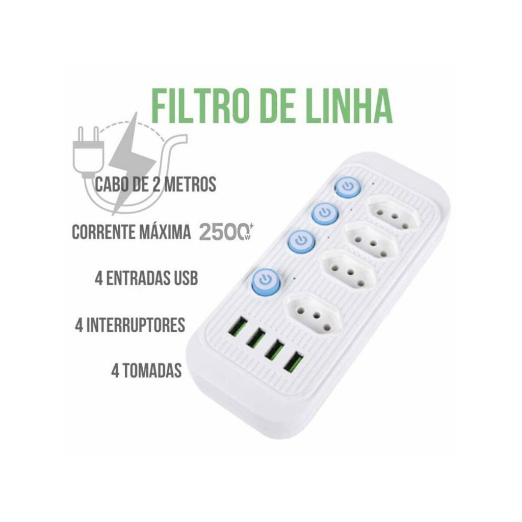 Filtro de Linha Régua com 4 Tomadas e 4 USB Extensão Elétrica Com Cabo de 2 Metros 4 Interruptores Bivolt 110/220
