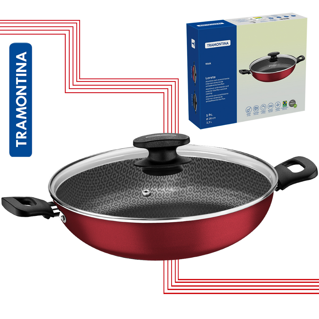 Panela Wok antiaderente 3.3l Tampa de vidro 28 cm Tramontina em Oferta na Shopee