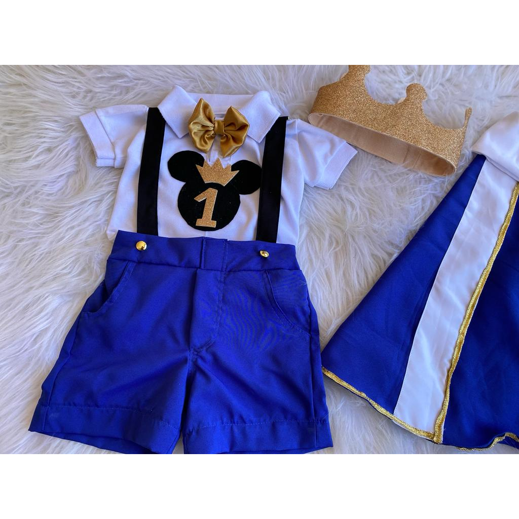 Mickey Realeza Luxo Kit Conjunto Infantil Criança Roupa Menino Short camisa Capa Coroa Fantasia