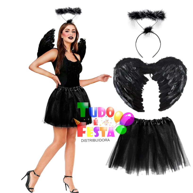 Fantasia Anjo Preto kit 3 peças Asa Tiara Saia de Tule 35cm Adulto Infantil Halloween Carnaval