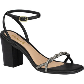 Sandália Feminina Salto Alto Bloco Confortável Tiras Strass Brilho Cristal Trança Saltinho Grosso Brilhante Moda Comfort