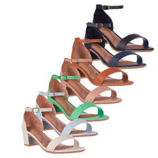 Sandália Feminina Salto Grosso Confortável Sintético Off White Azul Verde Nude Caramelo Marinho e Preto