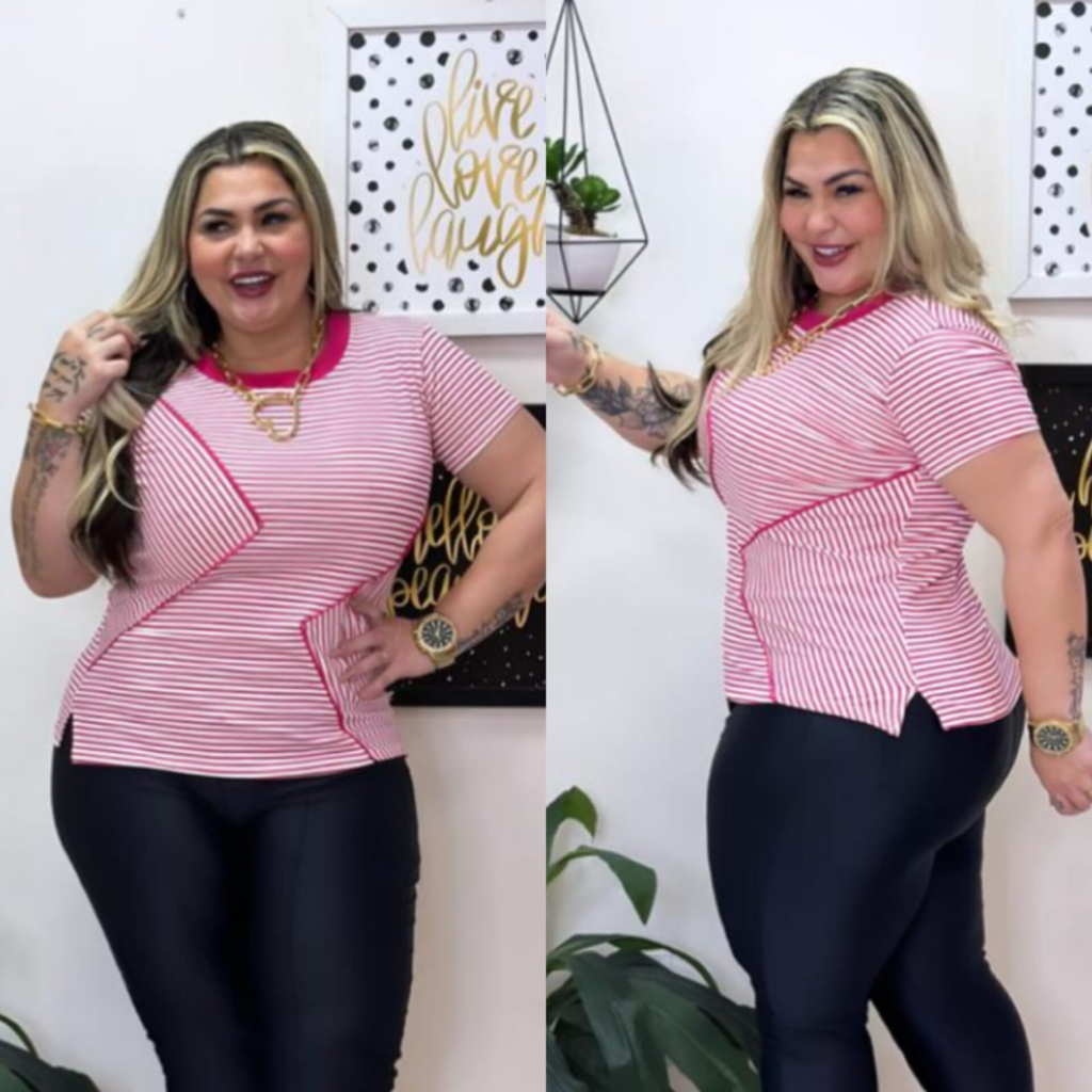 Blusa de manguinha listrado Plus Size