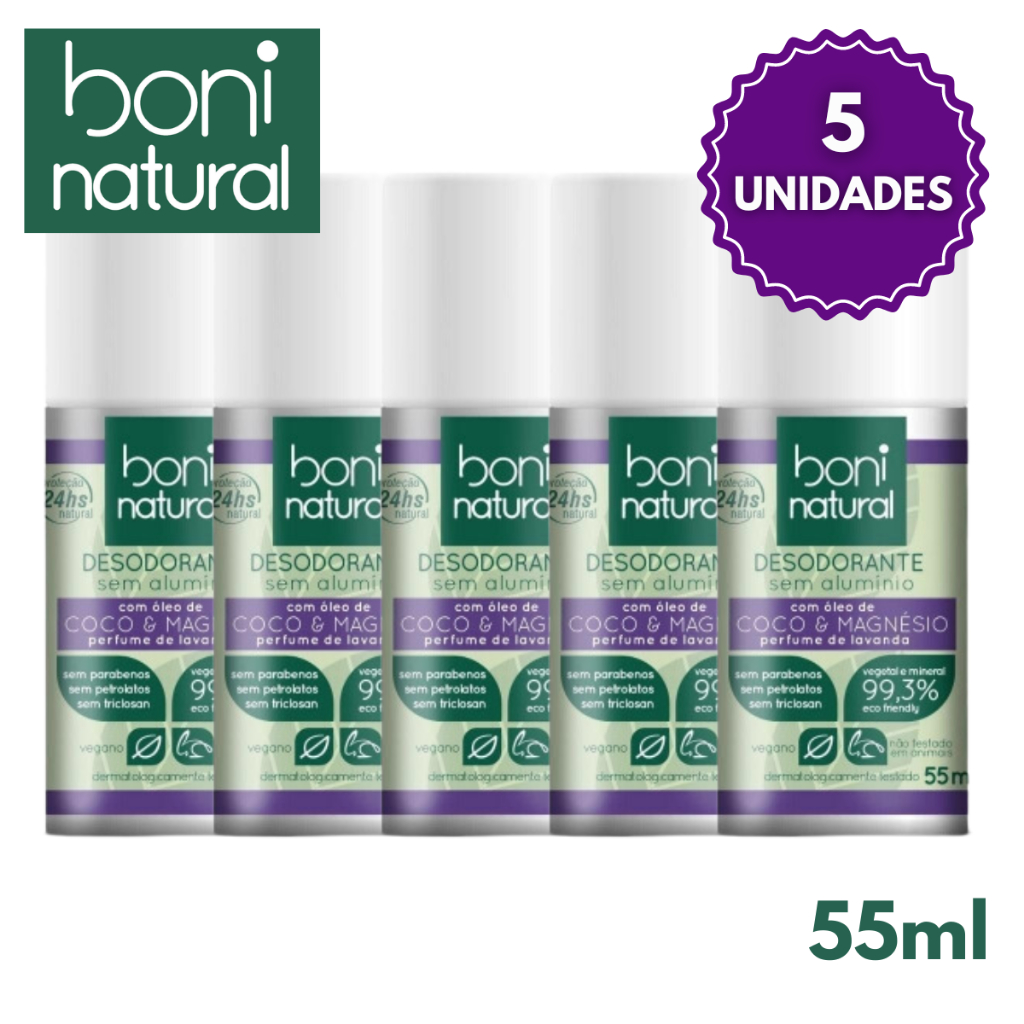 Kit 5 Desodorante Corporal Roll On Oleo de Coco e Magnesio 55ml Boni Natural