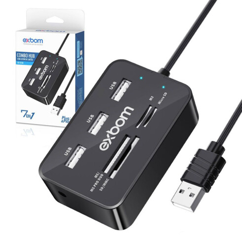 Hub 3 x USB 2.0 com leitor de cartão de memoria 7 em 1 EXBOM UH-R230