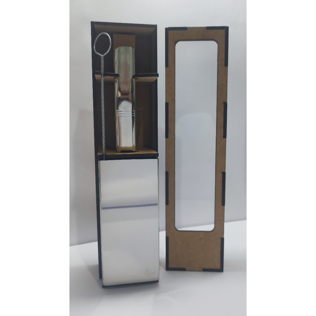 Kit Tereré Presente: Caixa Madeira + Copo Cuia quadrada 250ml INOX POLIDO + Bomba V6 PREMIUM INOX POLIDA e Escovinha de  Limpeza