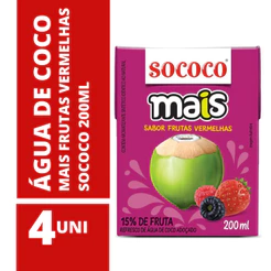 Água de Coco Mais Frutas Vermelhas Sococo 200ml - 4 Unidades