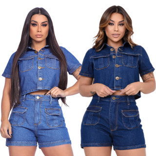 Conjunto Feminino Jeans Bolso Frontal sem Lycra Cropped Shorts Premium