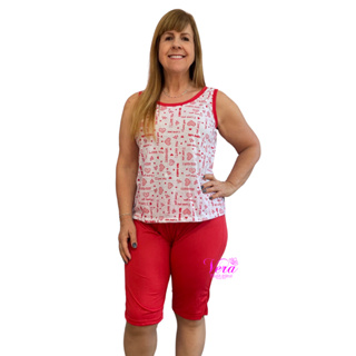 Pijama Conjunto Feminino Camiseta Pescador curto Verão Adulto até o joelho malha em Oferta na Shopee