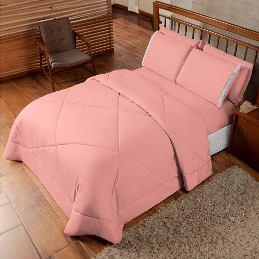 Kit Colcha Edredom Casal Queen 6 Peças Dupla Face Com Jogo de Lençol Cobre Leito Cama Padrão