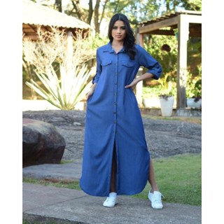 Vestido longo jeans M ao G2 plus size botões botão frente amamentação evangelico chamisie chemise casual feminino elegante