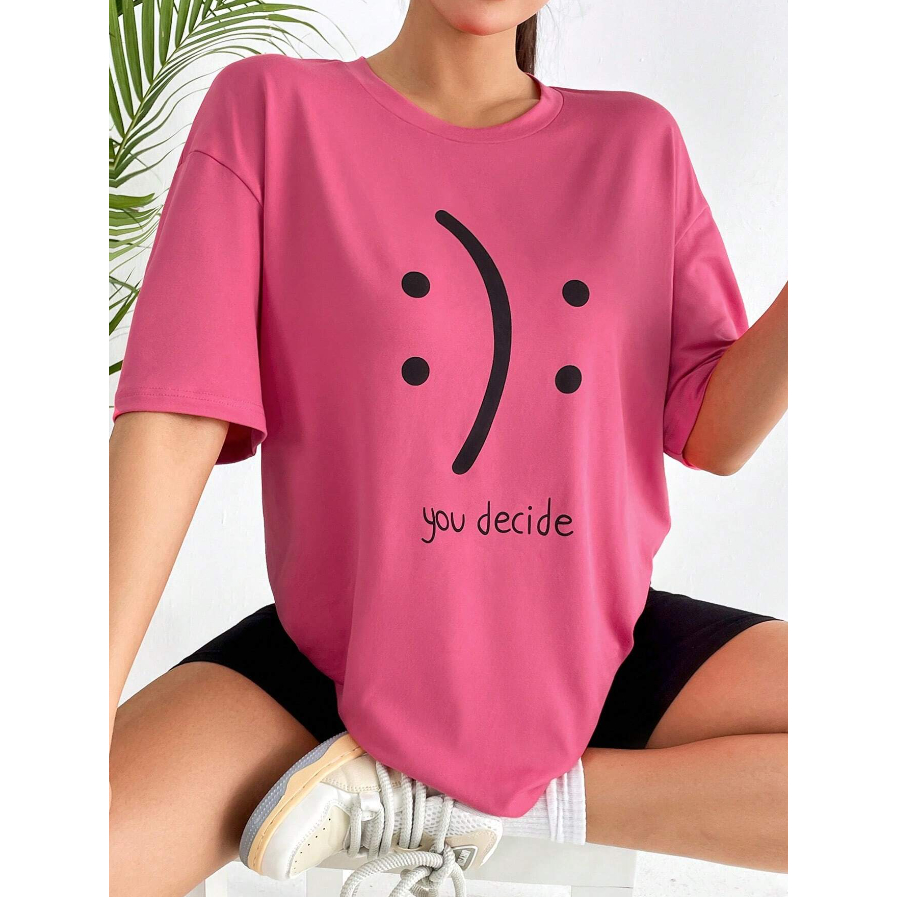 Camiseta You Decide Happy Sad Oversized Long Line Feminina Manga Curta Casual Aesthetic