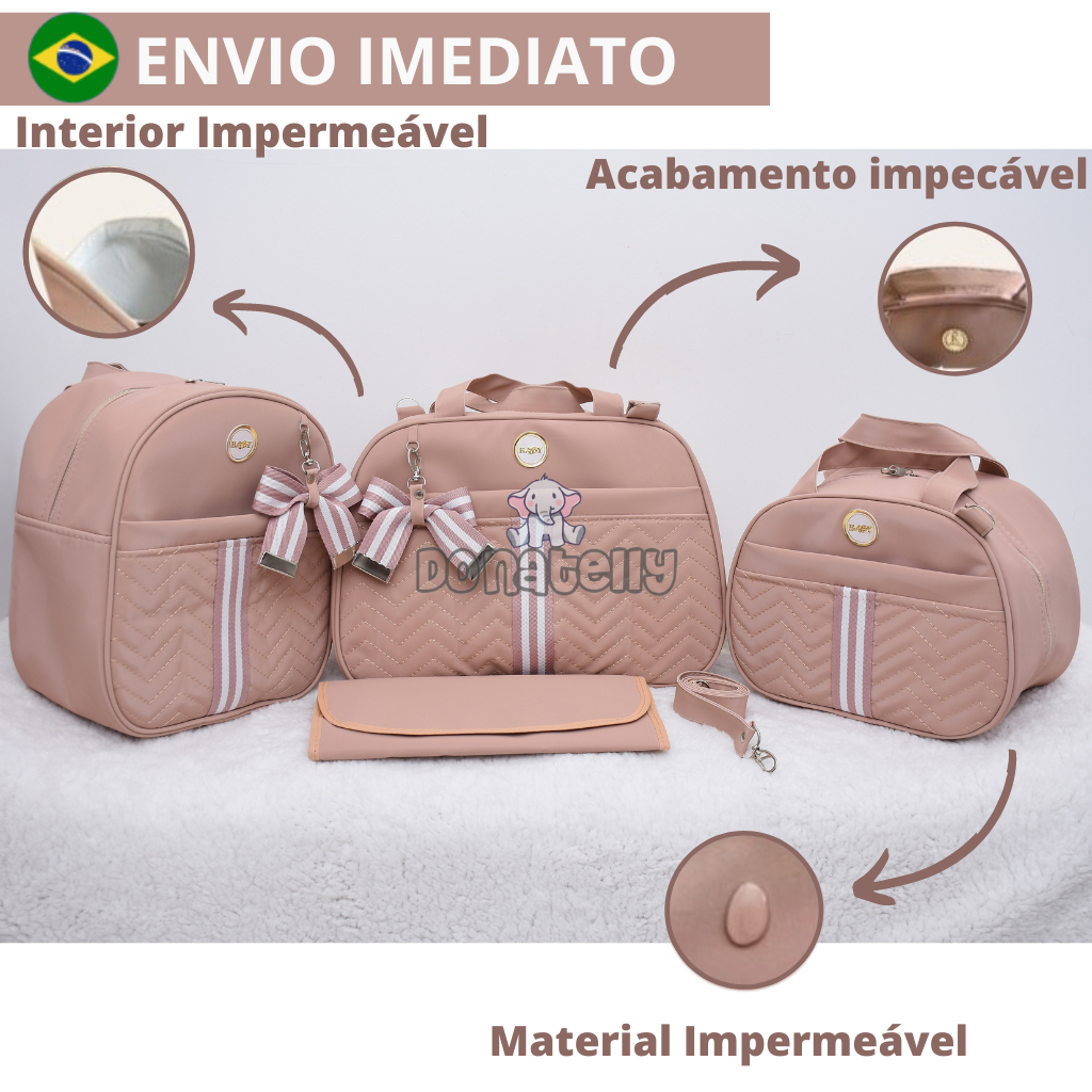 Kit Bolsa Maternidade Com Laço e Faixa 4 Peças Menina/Menino, Térmico e Impermeável