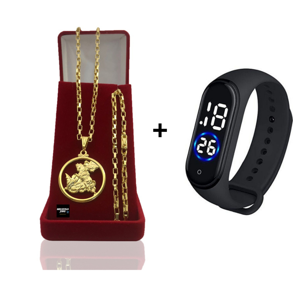 Correntinha Masculina Banhado Ouro Tijolinho 3mm Com Pulseira e Pingente São Jorge + Relógio Digital Prova Dagua