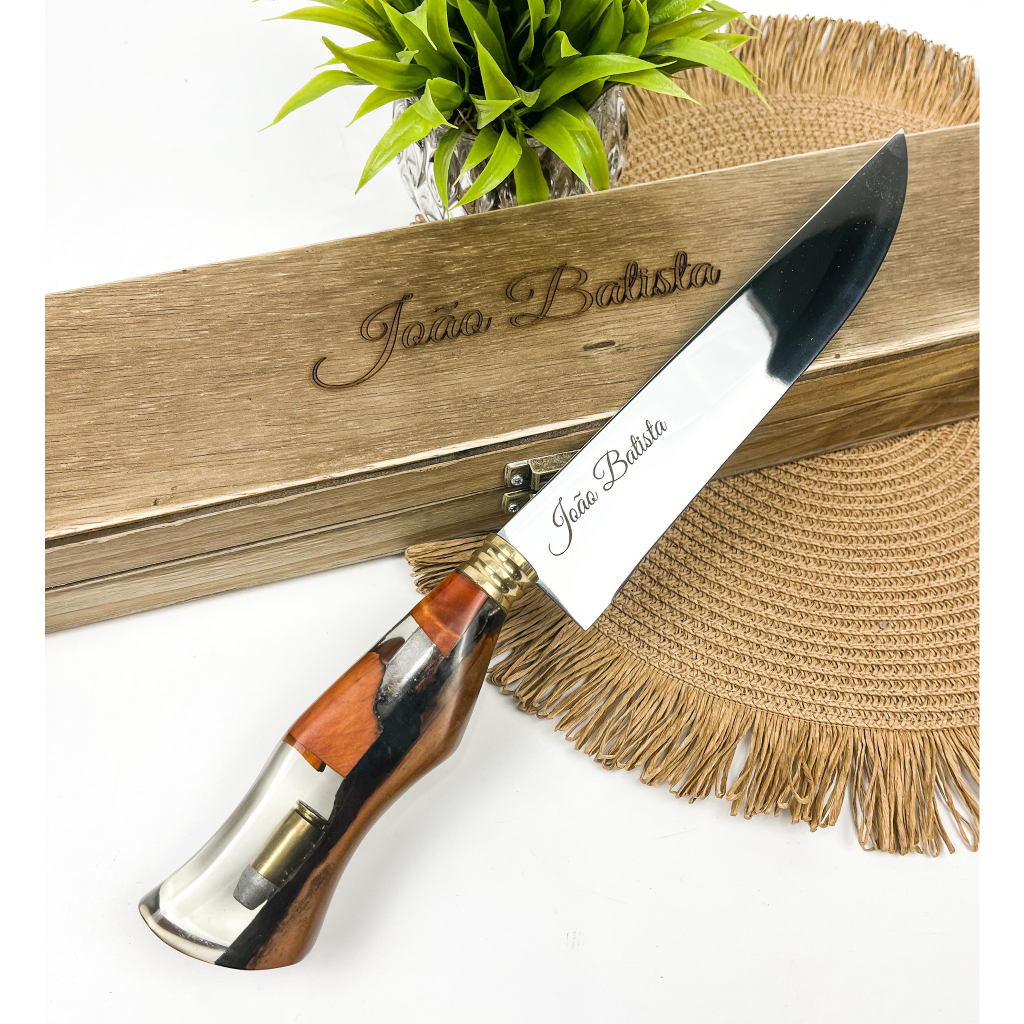 Faca Artesanal 8" Cabo Resinado Projétil C/ Estojo Personalizado