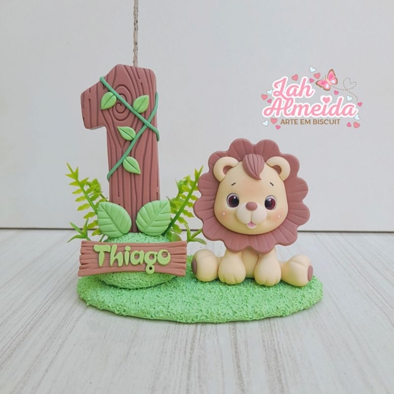 Mini topo de bolo safari em biscuit /vela leão safari /vela de aniversário