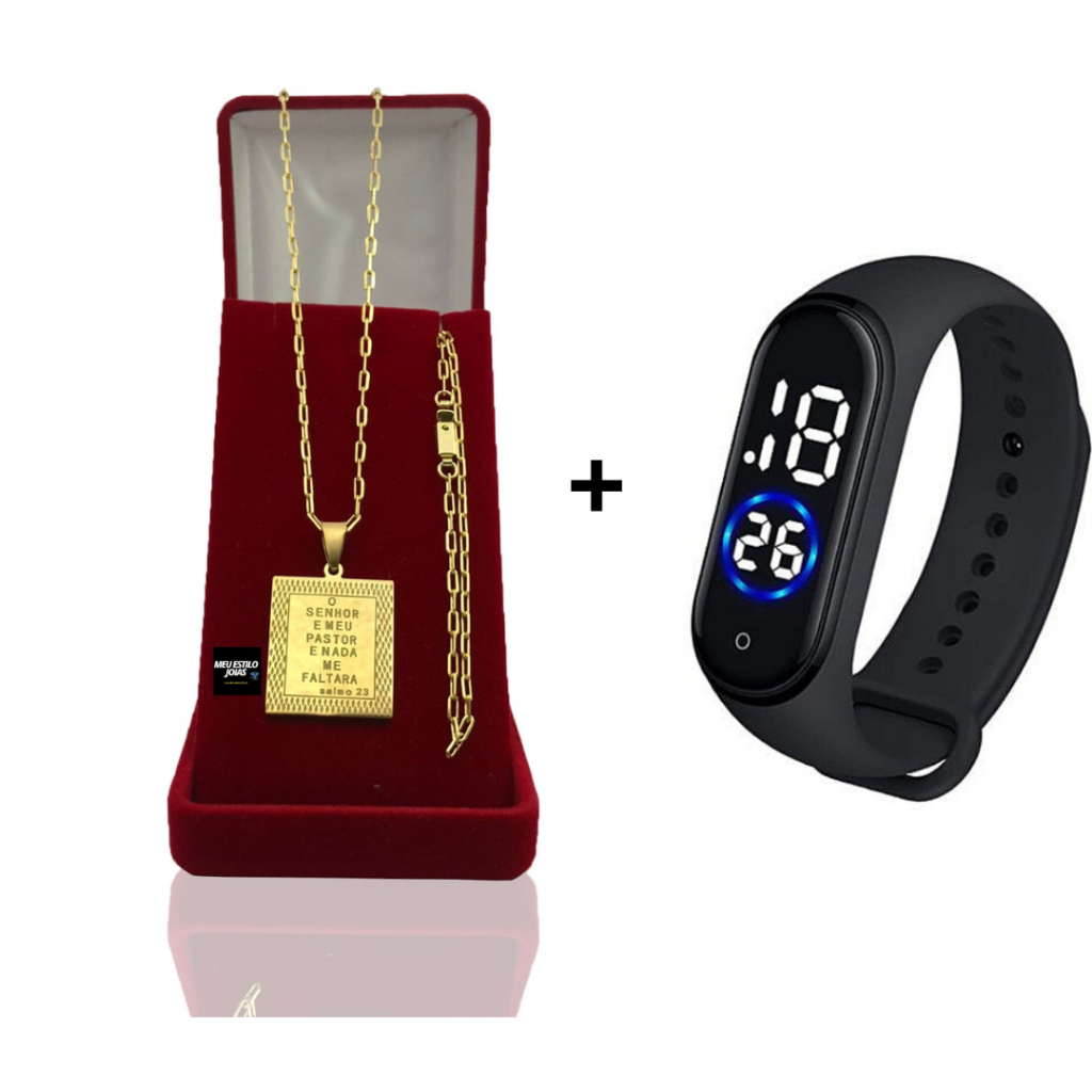 Corrente Masculina Infantil Banhado Ouro 2mm Com Pulseira e Pingente Senhor Meu Pastor +  Relógio Digital Prova Dagua Correntinha Masculina Infantil