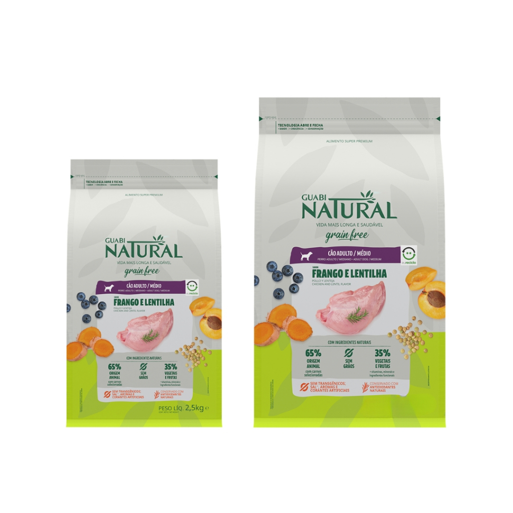 Ração Para Cães Adultos Raças Médias Guabi Natural Grain Free Frango e Lentilha - 2,5Kg ou 12Kg