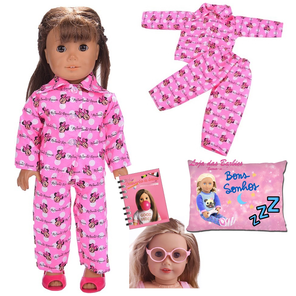 Kit Roupa Pijama e Acessórios P/ Boneca American Girl Our Generation Baby Alive Bebê Reborn Óculos Travesseio Diário
