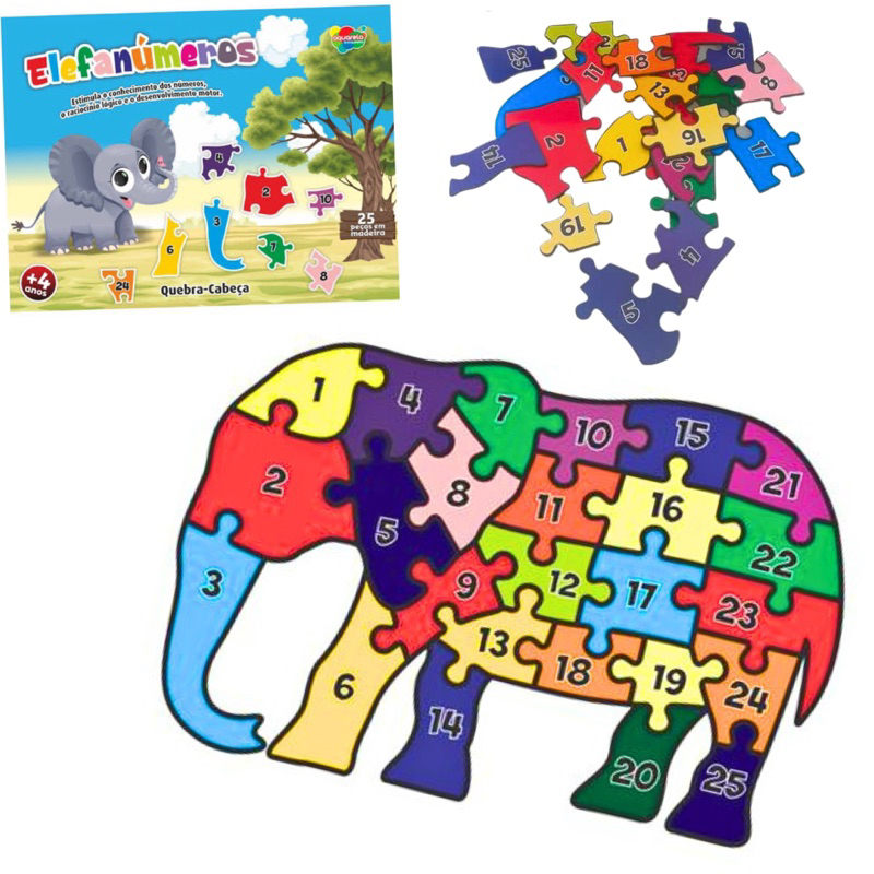 Quebra  Cabeça Elefante Elefanúmeros  Números 25 peças em Madeira Brinquedo Educativo e Pedagógico