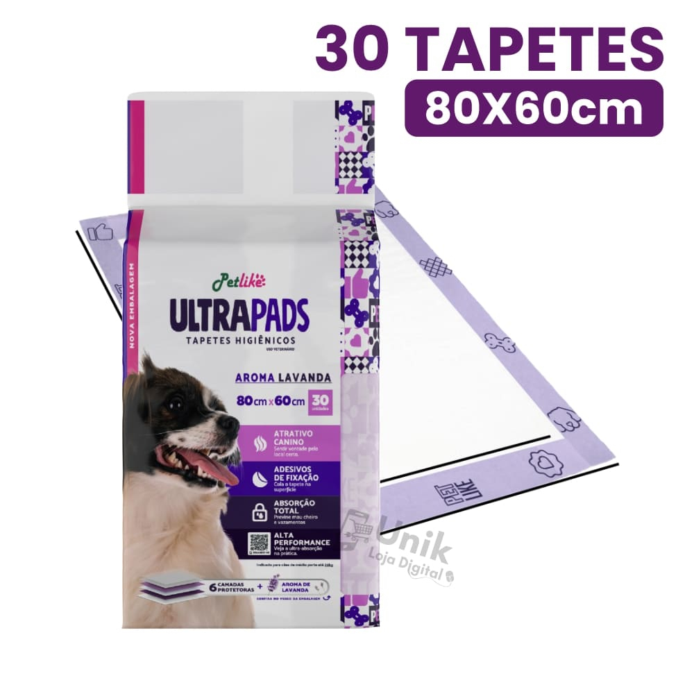 Tapete Higiênico Para Cães Ultra Pads 80x60cm 30 un Lavanda Cães e Gatos Petlike Original