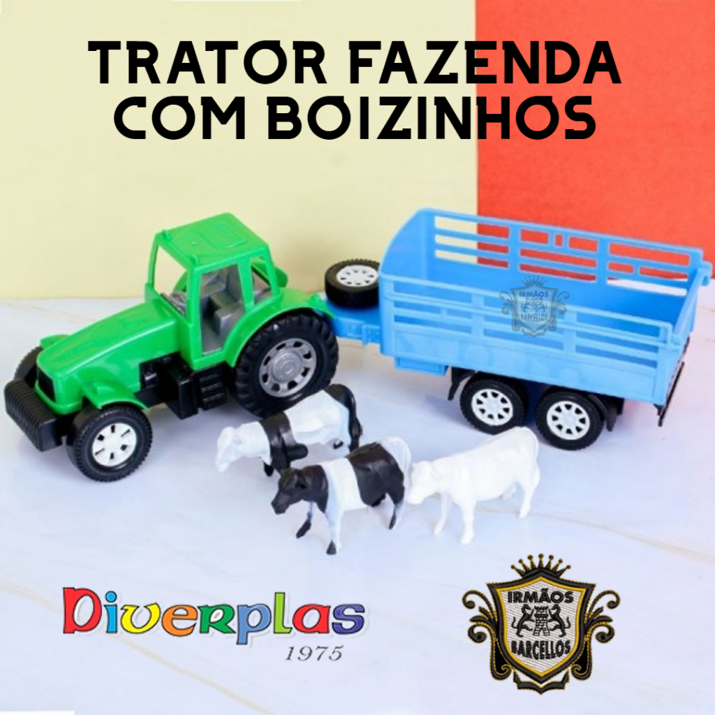 Carrinho Trator Fazenda Com Carretinha 32CM e Três Bois - Brinquedo Infantil Veículos